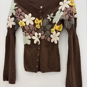 MOTH Brown Buttoned Sweater with Green, Ivory and Yellow Floral Appliqué; XS